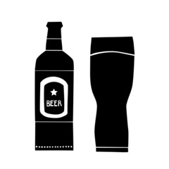 Vector images of beer bottle and glass with beer.  Set, pub, bar, restaurant, cafe. Isolated. Vintage, illustration, flat design. Black on white.