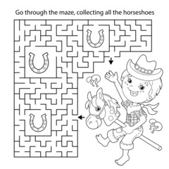 Maze or Labyrinth Game. Puzzle. Coloring Page Outline Of cartoon Boy playing cowboy with toy horse. Housework and cleaning, Coloring book for kids.