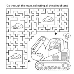 Maze or Labyrinth Game. Puzzle. Coloring Page Outline Of cartoon crawler excavator. Construction vehicles. Profession. Coloring book for kids.