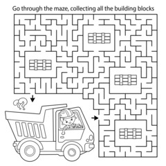 Maze or Labyrinth Game. Puzzle. Coloring Page Outline Of cartoon lorry or dump truck. Construction vehicles. Coloring book for kids. © oleon17
