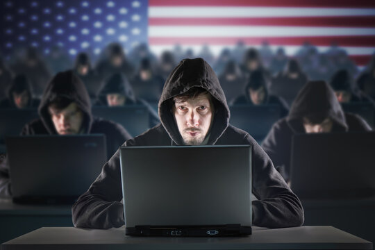 Many American hackers in troll farm. Security and cyber crime concept.