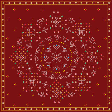 Hand Drawn Vector Kolam Design In A Square With Red Background.