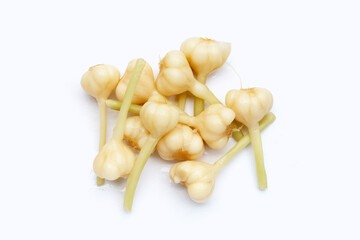 Pickled garlic on white background.