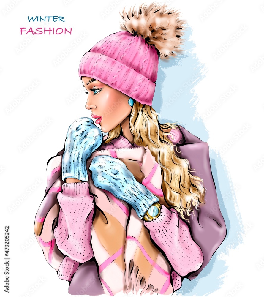 Wall mural Beautiful blond hair girl in winter knitted hat. Fashion winter look. Pretty girl. Fashion illustration.