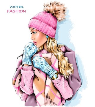 Beautiful blond hair girl in winter knitted hat. Fashion winter look. Pretty girl. Fashion illustration.