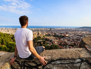 A young man enjoying the view from Bunkers del Carmel over the city of Barcelona, Spain.