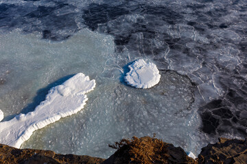 Arctic North Sea. View from above. Ice floes cover the cold sea.