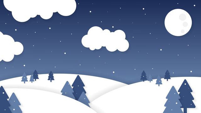 Vector illustration. Winter snowy landscape with moon, clouds and pines on foreground.