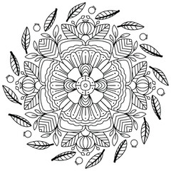 Mandala drawing vector element. Coloring page, coloring book for kids and adults. Background with space for text. Outline floral round ornament. Line Illustration for printing on paper or fabric.
