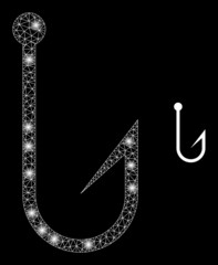 Glossy polygonal mesh web hook icon with glare effect on a black background. Network hook iconic vector with shiny points in vibrant colors. Abstract 2d mesh is designed with polygonal grid,