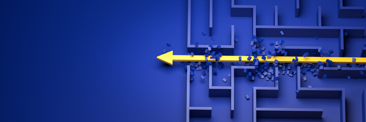 3d rendering: Concept - solving a complex problem. Brute force method: breaking through the brick wall. Blue maze and floor with yellow solution path with arrow. Banner size. - obrazy, fototapety, plakaty