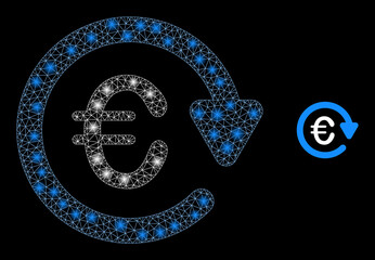 Glossy polygonal mesh net euro pay again icon with glare effect on a black background. Wire frame euro pay again iconic vector with glamour dots in stardust colors.
