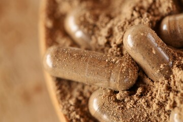 Guarana capsules.Transparent capsules with guarana powder. Alternative medicine and...