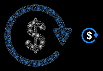 Fototapeta premium Glossy polygonal mesh web dollar pay again icon with glitter effect on a black background. Wire frame dollar pay again iconic vector with glitter dots in magic colors.