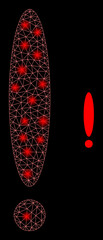 Glossy polygonal mesh web exclamation sign icon with glitter effect on a black background. Constellation exclamation sign iconic vector with glitter dots in vibrant colors.