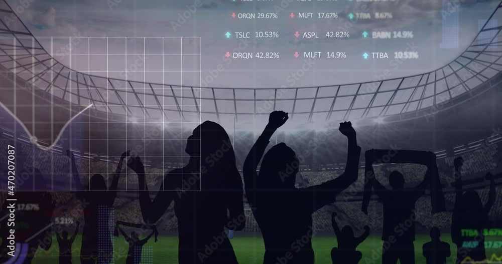 Poster animation of graphs and data processing over cheering sports fans at stadium