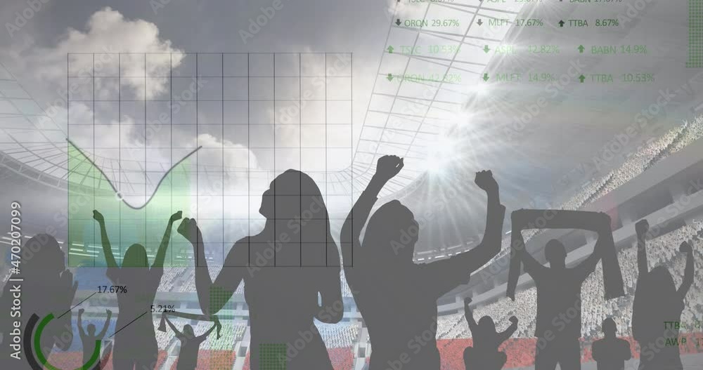 Poster animation of graphs and data processing on interface over sports fans at stadium with cloudy sky