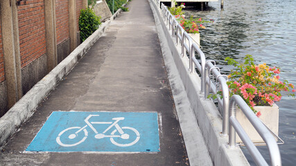 Cycling routes parallel to the river in Thailand. Bike lanes. Bike path.