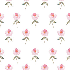 Watercolor botanical seamless pattern wild flowers and garden plants. Hand drawn pink flowers, natural elements on white. For birthday, wedding card, love, invitation, greeting, mother day. © NastiyaMaki