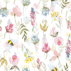 Watercolor botanical seamless pattern wild flowers and garden plants. Hand drawn leaves, pink flowers, herbs and natural elements. For decorations, scrapbooking, cards for birthday, party,baby shower.