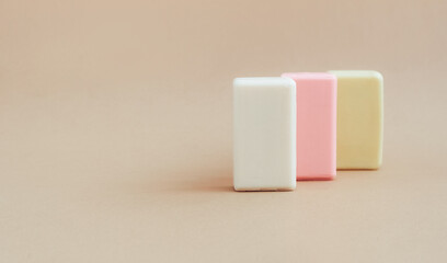 Bars of soap made from natural raw materials beige background. Organic cosmetics Spa health concept natural cosmetics