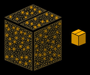 Glossy polygonal mesh web closed carton box icon with glare effect on a black background. Carcass closed carton box iconic vector with illuminated points in stardust colors.