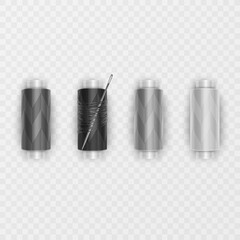 Realistic set of plastic bobbins, spools with colored thread isolated on background. Equipment for sewing, tailoring, accessory for needlework and clothing repair, Vector illustration