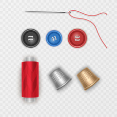 Realistic tailor set. Reel with threads, needles for dressmaking, needlework. Sewing atelier collection. Metal thimble for handmade or hobby, vector format