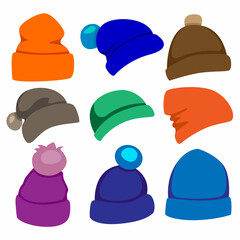 A set of nine winter hats in different colors.