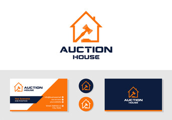 House with gavel, auction house logo and business card design template - obrazy, fototapety, plakaty