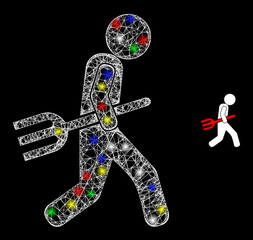 Glossy crossing network fork robber icon with glare effect on a dark background. Light colored vector structure is created from fork robber icon, with white mesh and stardust light spots.