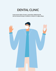 Promotional flyer for a dental clinic or orthodontic clinic. Dentist doctor holds a tooth in his hands. Vector illustration in flat style