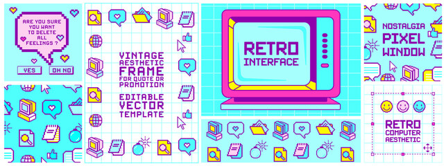 Retro user interface frames for quotes or promotion, banners, social media post templates. Vibrant color desktop computer elements, windows boxes. Nostalgia for 90's, cosmic style Illustration.