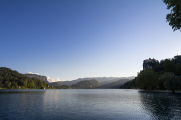 Selective blur on the Bled castle, also called Blejski Hrad, during summer, at sunset, by the...