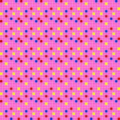 multicolored geometric shapes, seamless pattern, multicolored square mosaic, pink background