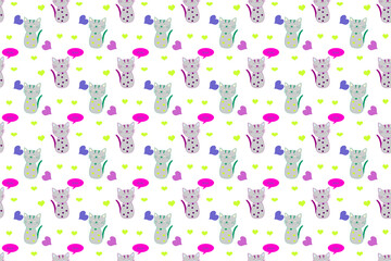 Seamless cute cat pattern, cat wallpaper on white background.