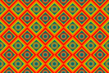 Seamless geometric ethnic fabric pattern, cyan orange flower pattern, Thai fabric design, carpet, wallpaper, curtain, cushion, clothing, wrap, batik