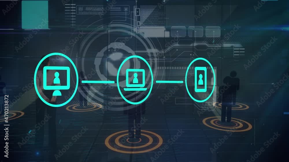 Poster animation of network of connections with icons and scope scanning over black background