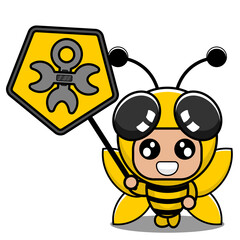 vector cartoon character cute insect bee animal mascot costume holding mechanical tool sign