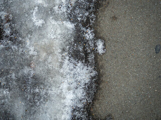 Ice on the asphalt. Frozen water stream.