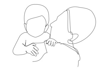 A father holds a child. Continuous line drawing