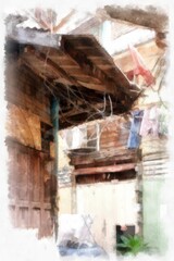 Landscape of rows of old wooden houses in the city watercolor style illustration impressionist painting.