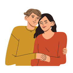 Portrait of cute couple in love. Young man and woman looking at each other. Boyfriend hugging his girlfriend. Hand drawn vector colorful funny cartoon style illustration. 