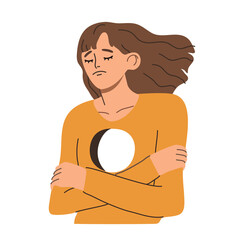 Lonely depressed woman with hole in chest feeling empty inside. Sad female character having psychological disorder. Psychology problem and mental state concept. Hand drawn flat vector illustration