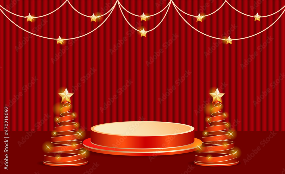 Poster vector rendering of 3d background for christmas and new year with red and gold marble podium, produc