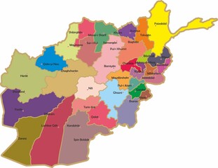 Vector color administrative map of Afghanistan with regional borders and major cities. State in Asia
