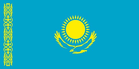 Vector state flag of the Republic of Kazakhstan. Asian country symbol. Blue sky, sun and golden eagle.
