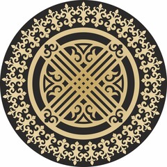 Vector golden round kazakh ornament shanyrak. circle on the roof of the yurt. Patterns of the peoples of the great steppe. Asian border in a circle. Mongolia, Kalmykia, Bashkiria, Buryatia, Kyrgyzstan