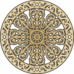 Vector golden round Yakut ornament. Northern circle. Patterns of the peoples of the tundra. Asian border in a circle.
