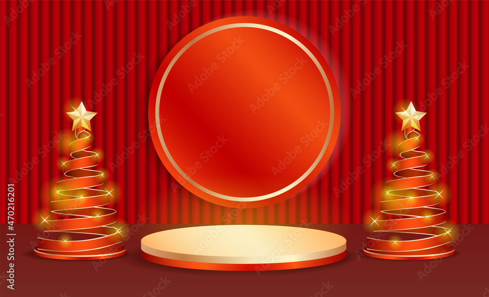Poster vector rendering of 3d background for christmas and new year with red and gold marble podium, produc